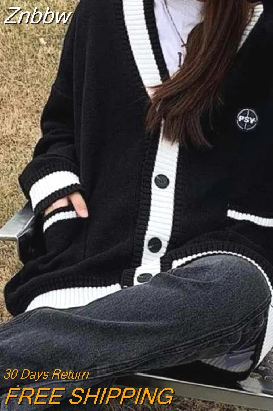 Znbbw Korean Style Black Knitted Cardigan Sweater Women Oversize Fashion Single Breasted Knitwear Jackets Autumn Jumper Coat