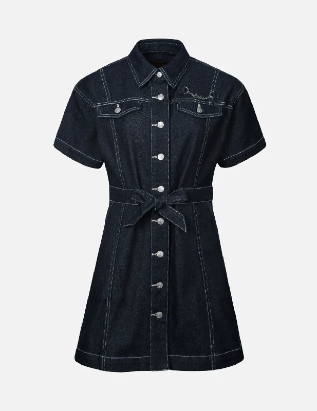 Seagull Embroidery Loose Fit Denim Shirt Dress