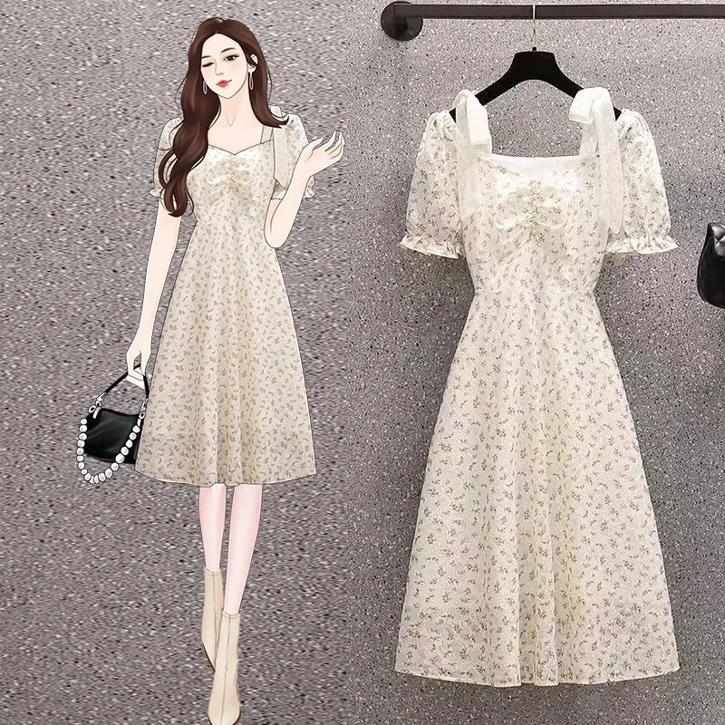 Plus Size Korean Floral Ribbon Dress