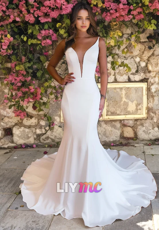 LW054 - Mermaid/Trumpet Illusion Low V Neck Satin Long Wedding Dress