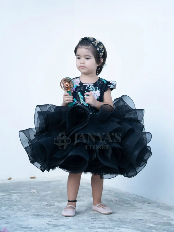 Black Embroidered Birthday Party Dress With Hair Pin