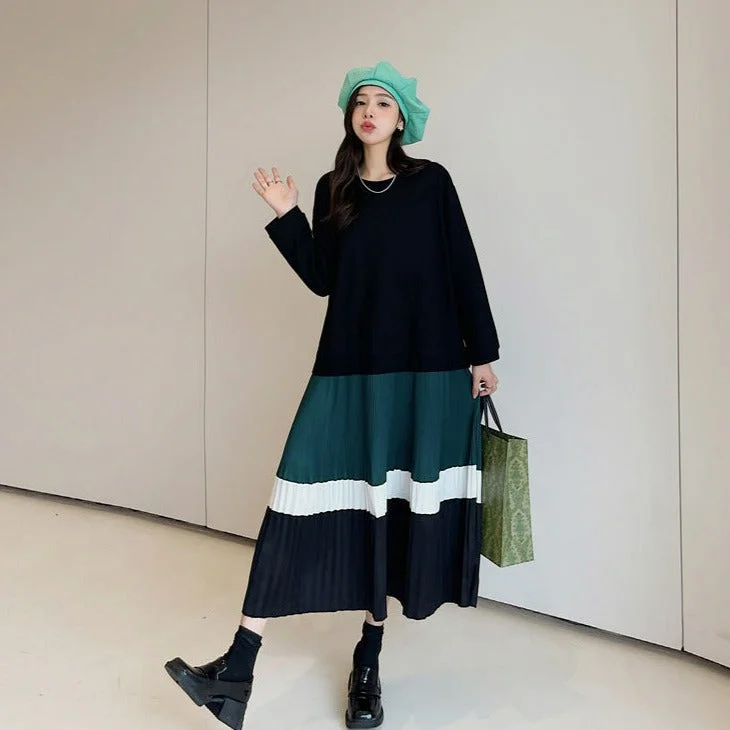 Plus Size Pleated Long-Sleeved Dress