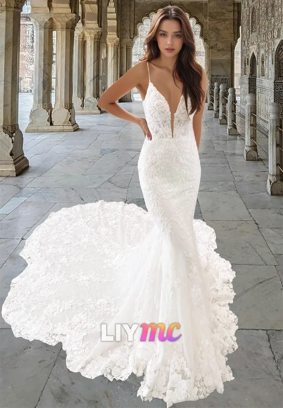 LW026 - Romantic Lace Wedding Dress Deep V neck Mermaid Wedding Gown