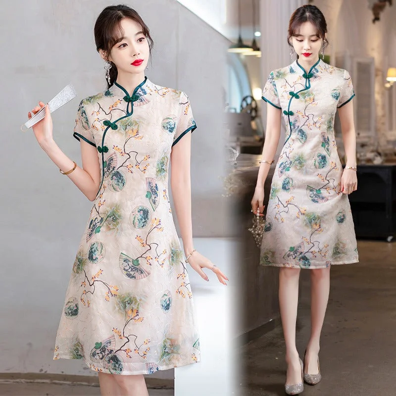 Plus size fan print oriental vintage cheongsam dress