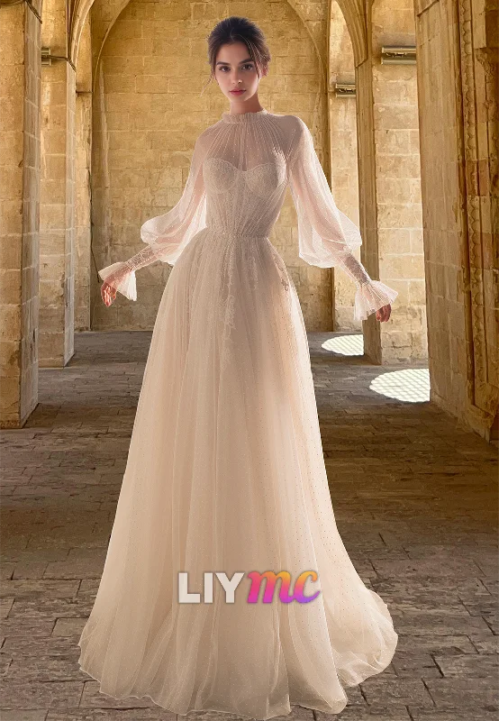 LW088 - Elegant A Line High Neck Long Sleeves Sheer Lace Tulle Long Wedding Dress