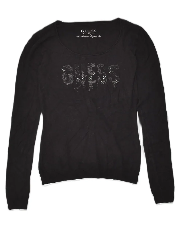 GUESS Womens Graphic Crew Neck Jumper Sweater UK 8 Small Black Cotton