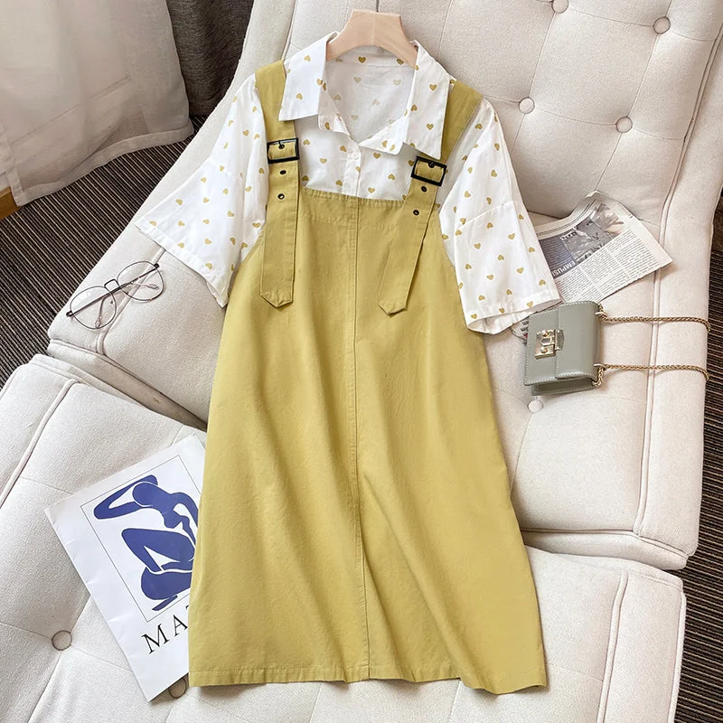 Plus Size Korean Hearts Shirt Blouse and Dungaree Dress Set