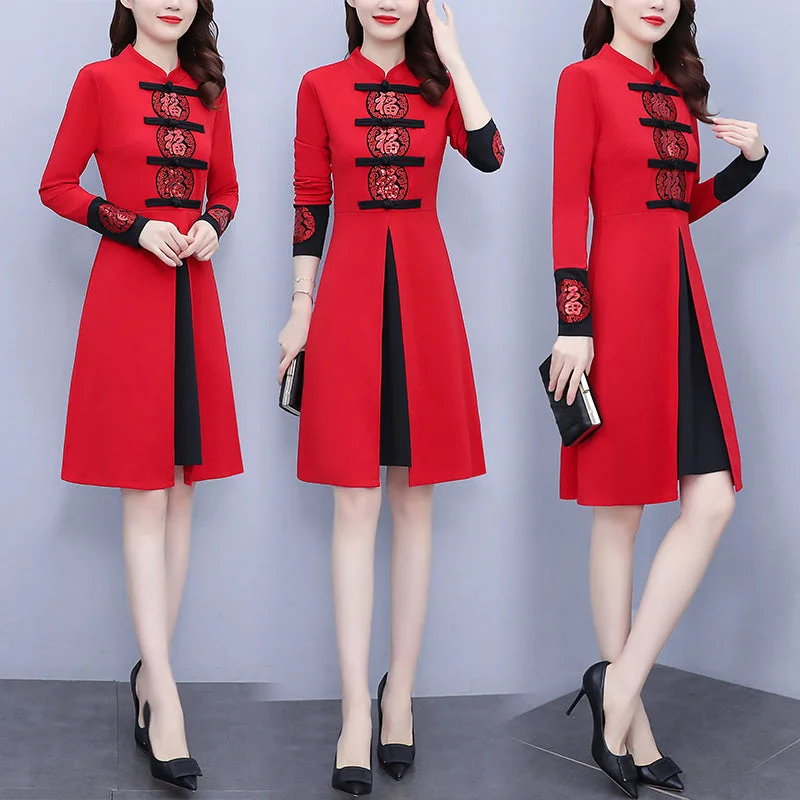 Plus size peekaboo cheongsam long sleeve dress