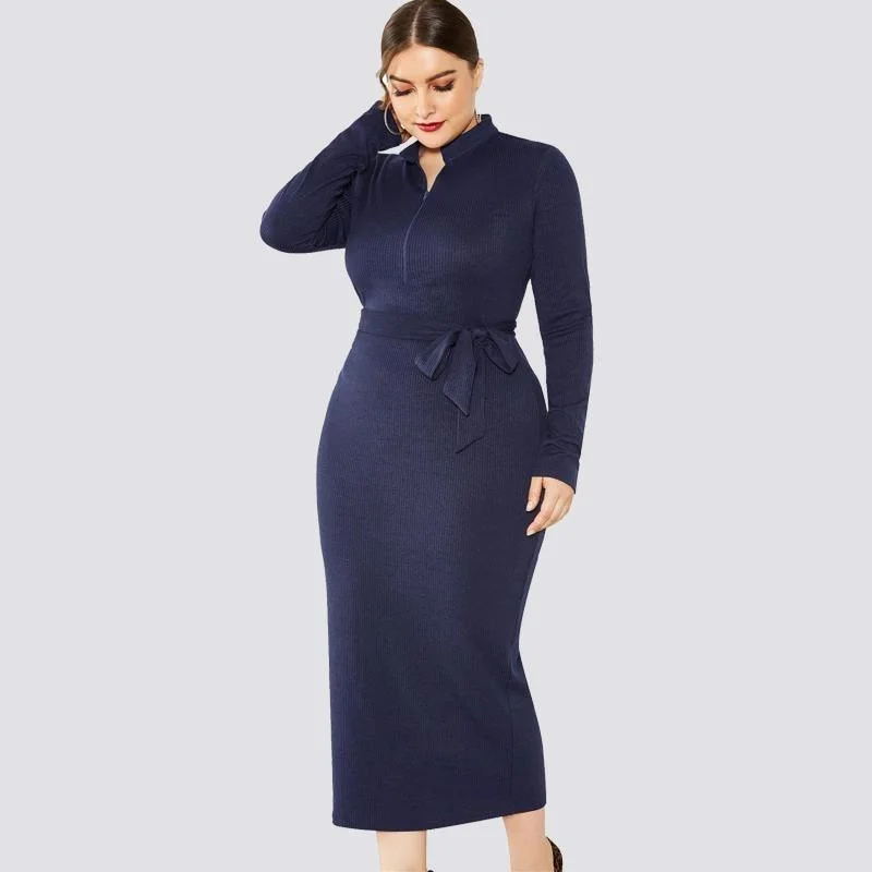 Solid Long-Sleeve Tie-Waist Midi Dress