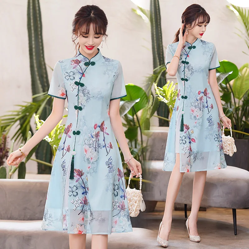 Plus size blue print green tassel cheongsam dress