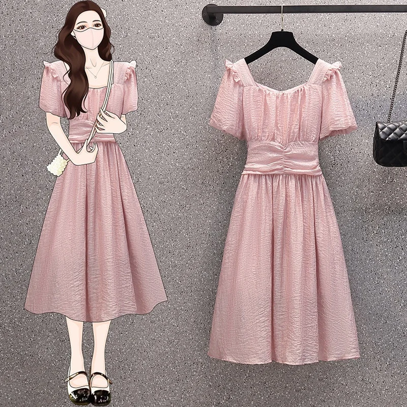 Plus Size Korean Pink Square Neck Short Sleeve Dress