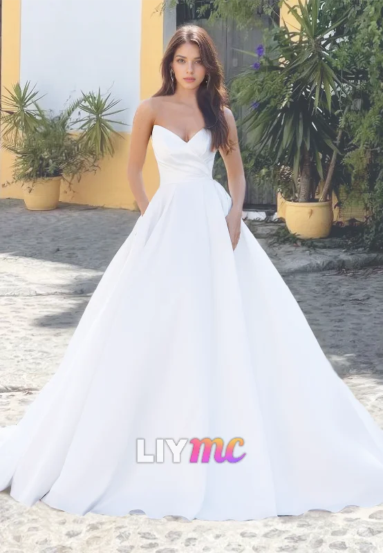 V-Neck Sleeveless Pleated Sleek Satin A-Line Wedding Dress