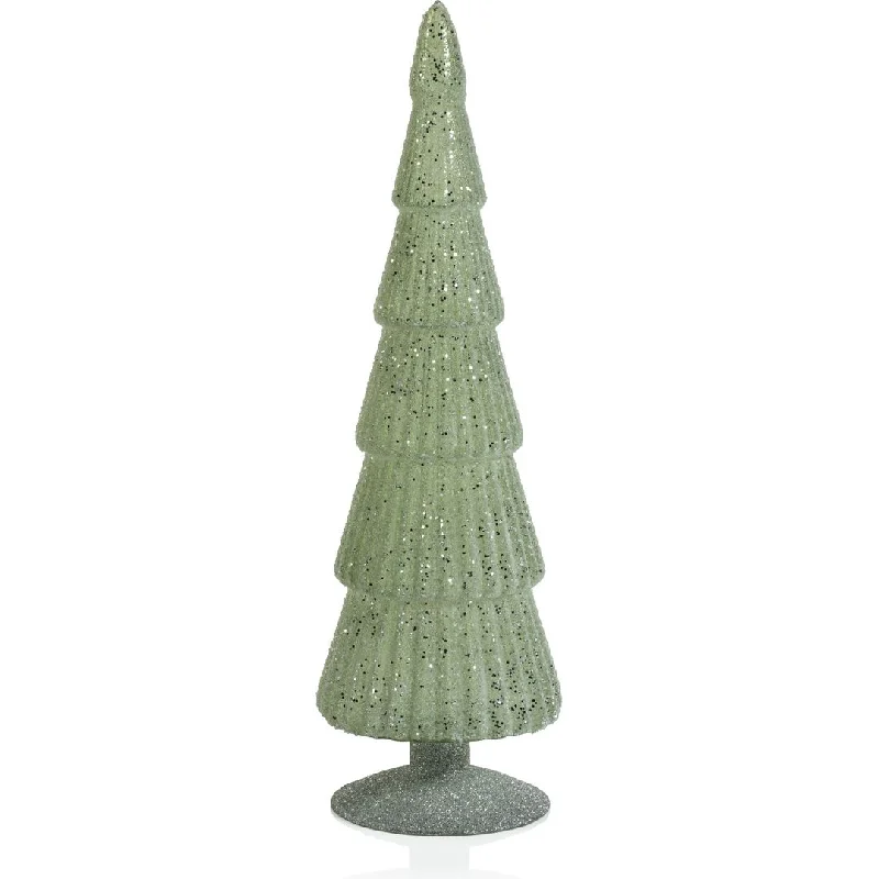 Amaryllis Light Green Glass Tree on Silver Glitter Base, Set of 2