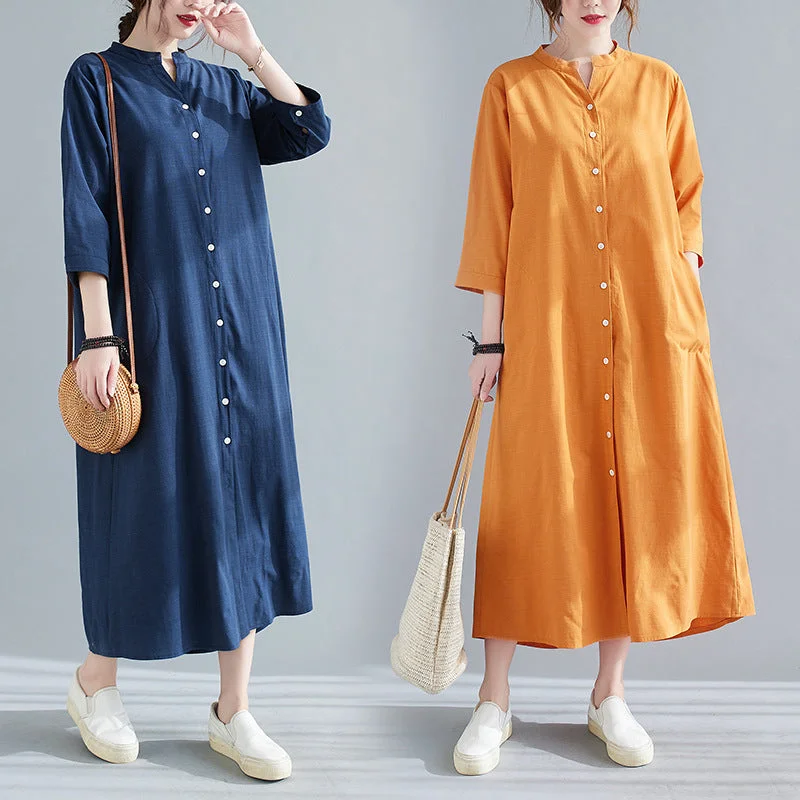 Plus Size Notch Neck Buttons Midi Dress