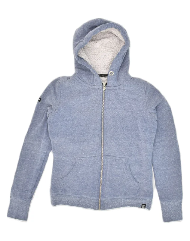 SUPERDRY Womens Zip Hoodie Sweater UK 4 XS Blue Cotton