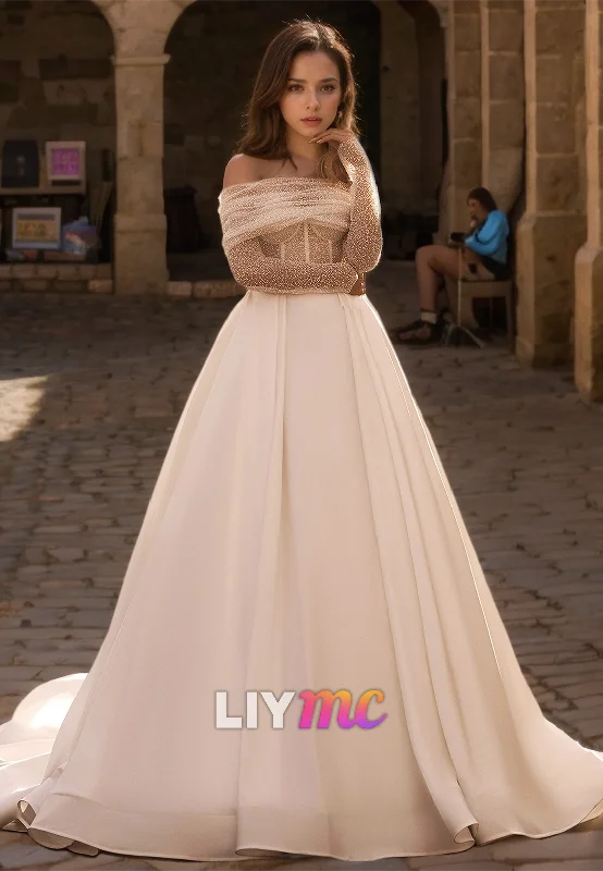 Off-Shoulder Long Sleeves Pleated Satin A-Line Wedding Dress