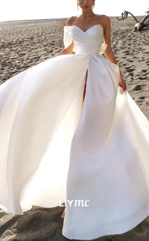 LW858 - Sweetheart Strapless Pleated Bowknot High Slit Pleated A-Line Beach Wedding Dress