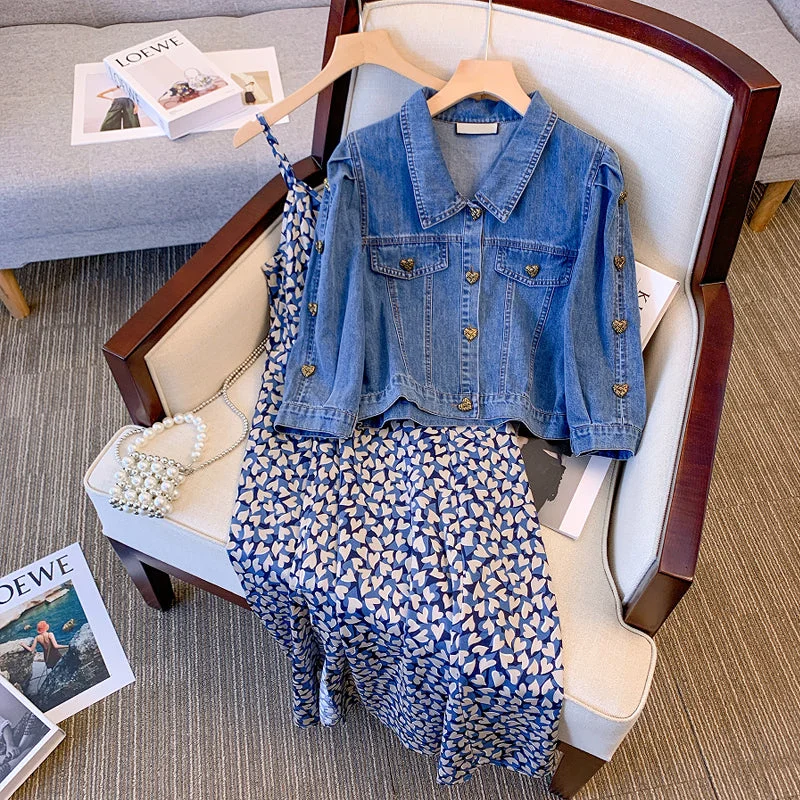 Plus size heart buttons denim jacket and cami dress set