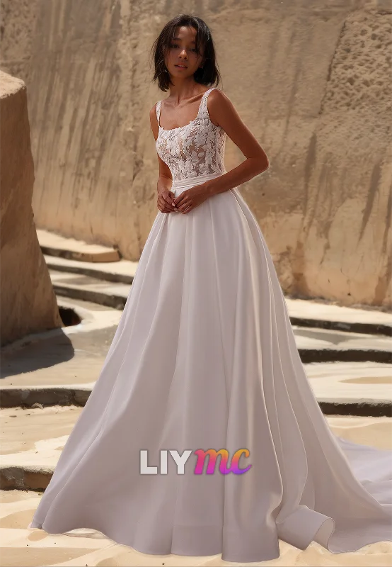 Square Straps Sleeveless Appliques Pleated A-Line Wedding Dress