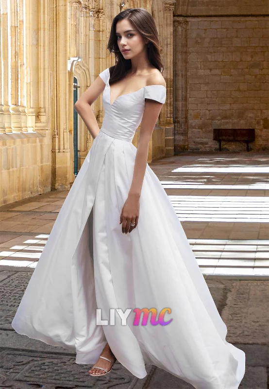 LW031 - A Line Off Shoulder Satin Wedding Dress with Slit