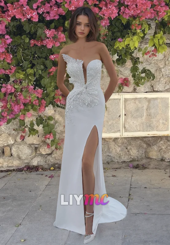 V-Neck Sleeveless Appliques Sleek Side Slit Sheath Beach Wedding Dress