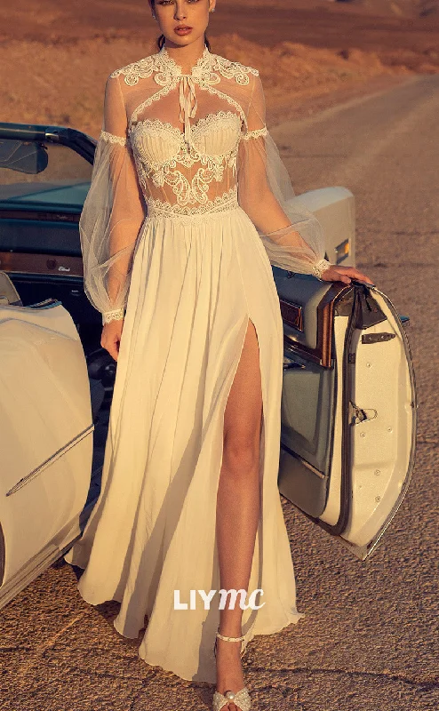 LW908 - Sweetheart Long Sleeves Appliques Pleated A-Line Side Slit Boho Wedding Dress