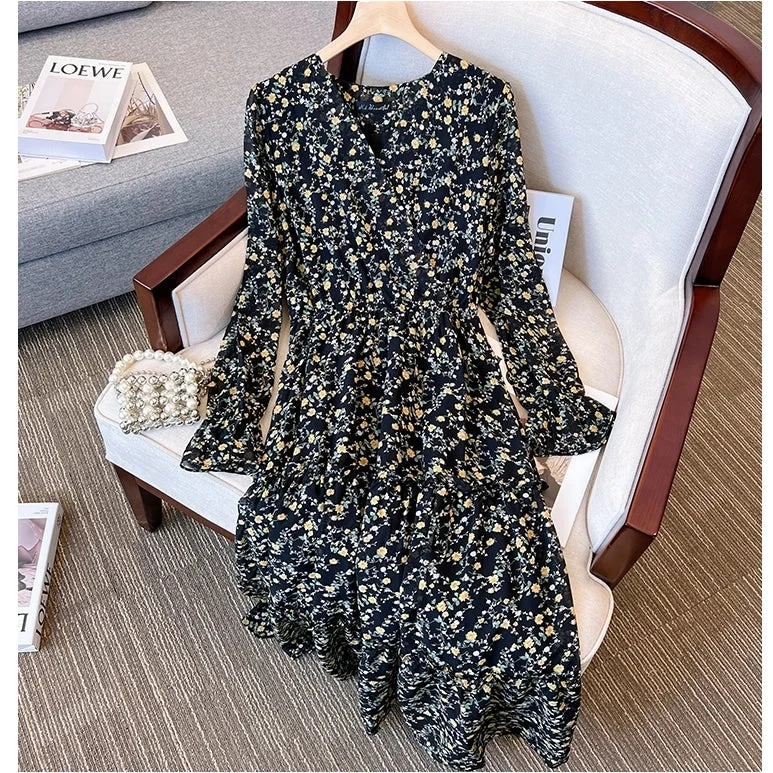 Plus Size Korean Floral Long Sleeve Midi Dress