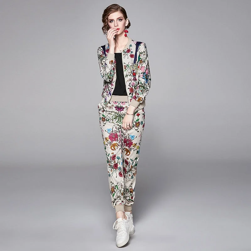 Znbbw Two Piece Set Women 2023 Fashion Autumn Winter Tracksuit Long Sleeve Floral Zipper Jacket Coat Top + Long Pants Set