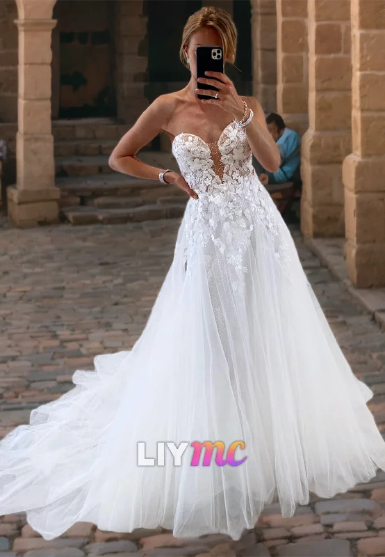 LW025 - A Line Illusion V neck Lace Appliques Rustic Wedding Dress