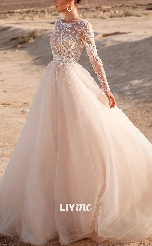 LW910 - Scoop Long Sleeves Appliques Tulle Ball Gown Wedding Dress