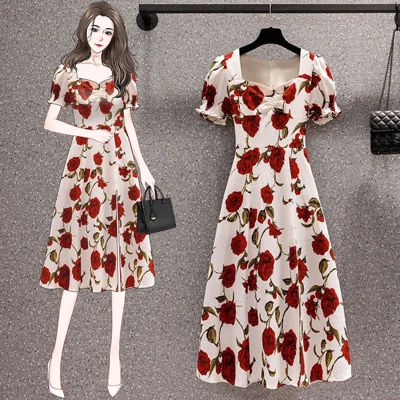 Plus Size Rose Square Collar Floral Split Dress