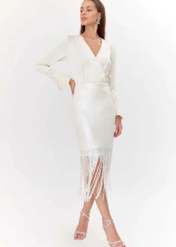 Adelyn Rae Milana Sequins Fringe Midi Skirt - Ivory ***FINAL SALE***