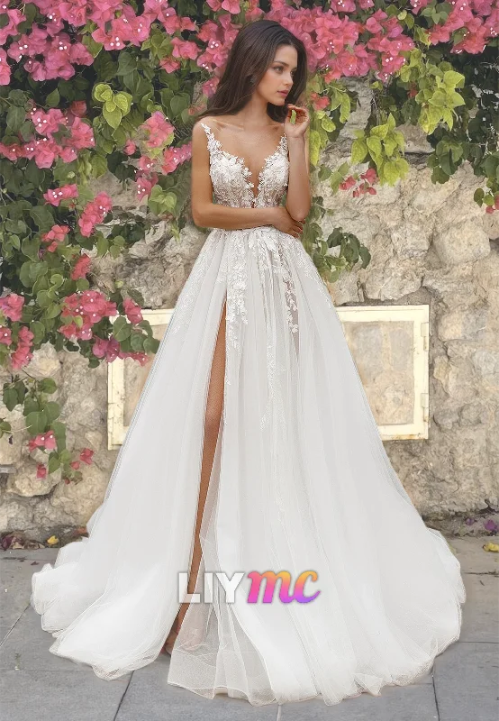 V-Neck Sleeveless Straps Appliques Tulle A-Line Wedding Dress