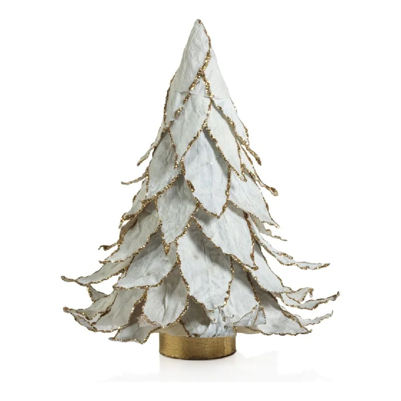 White Natural Leaf Christmas Tabletop Tree with Gold Trim