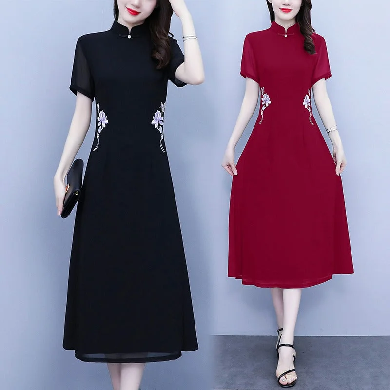 Plus size chiffon oriental embroidery cheongsam midi dress