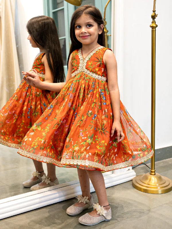 JANYAS CLOSET Burnt Orange Floral Print Ethnic Indian Dress