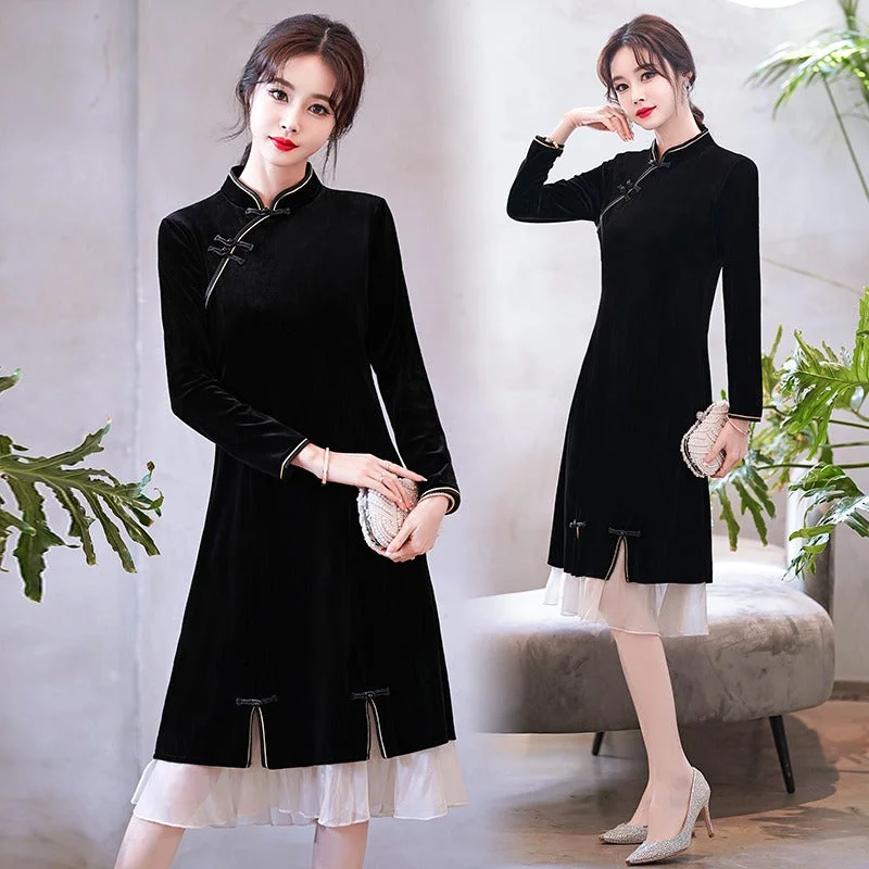 Plus size black organza formal cheongsam long sleeve dress