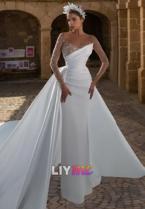 LW136 - Illusion Scoop Long Sleeves Beaded Satin Mermaid Long Wedding Dress