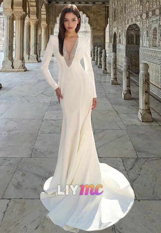 LW018 - Illusion V neck Beads Long Sleeves Mermaid Wedding Dress