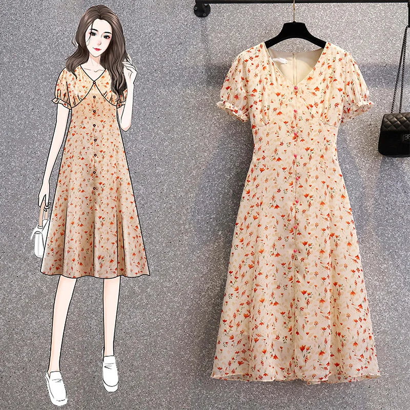 Plus Size Korean Chiffon Floral Dress