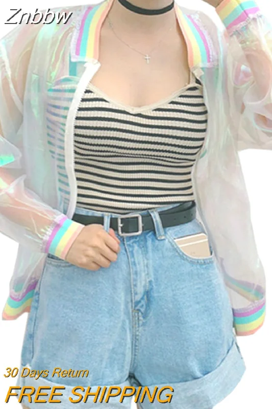 Znbbw Summer Women Jacket Laser Rainbow Symphony Hologram Women BasicCoat Clear Iridescent Transparent Bomber Jacket Sunproof