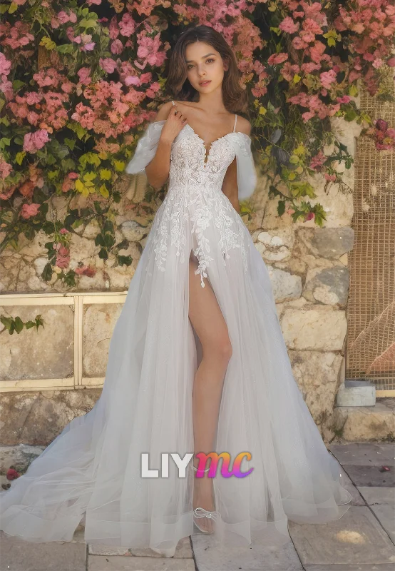 V-Neck Sleeves Appliques Tulle Spaghetti Straps Tulle A-Line Wedding Dress