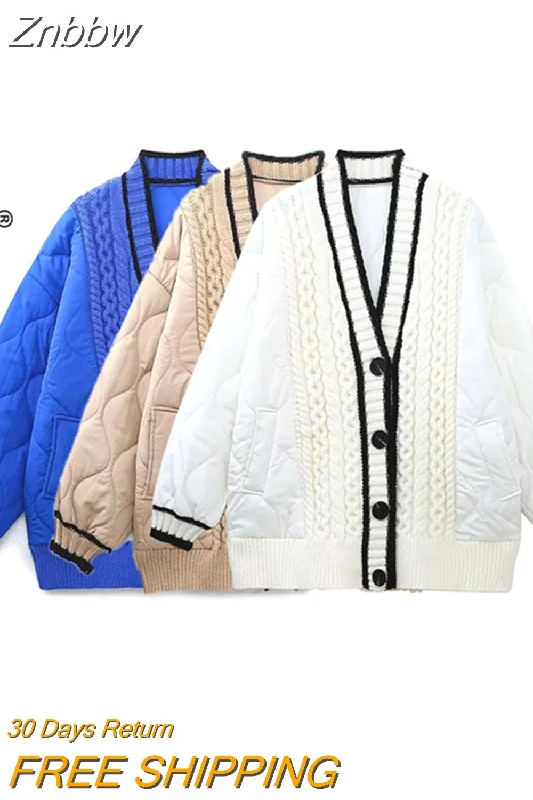 Znbbw Blue Patchwork Cardigan Coat for Women 2023 Autumn and Winter Loose Idle Style Thickened Knitting Parka Outwears