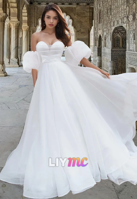 LW014 - A line Sweetheart Short Sleeves Simple Wedding Dress with Sweep Train