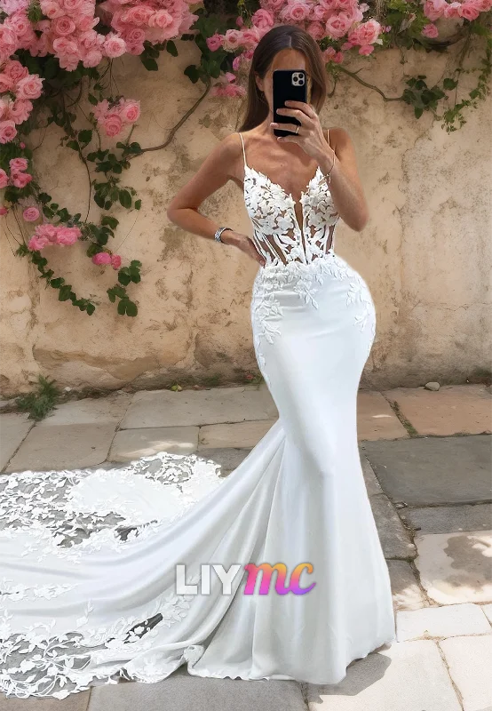 V-Neck Sleeveless Appliques Sheer Sleek Mermaid Wedding Dress