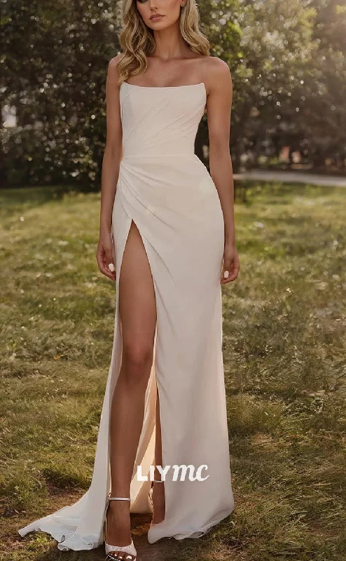 LW929 - Scoop Sleeveless Pleated High Slit Sleek Satin Beach Wedding Dress