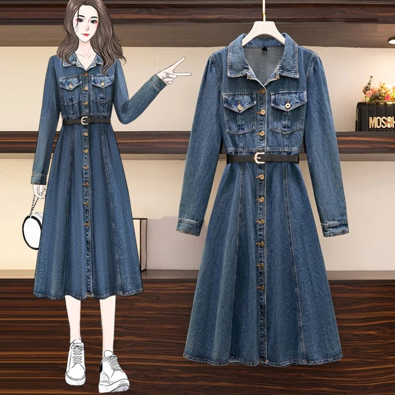 Plus Size Denim Long Sleeve Shirt Dress