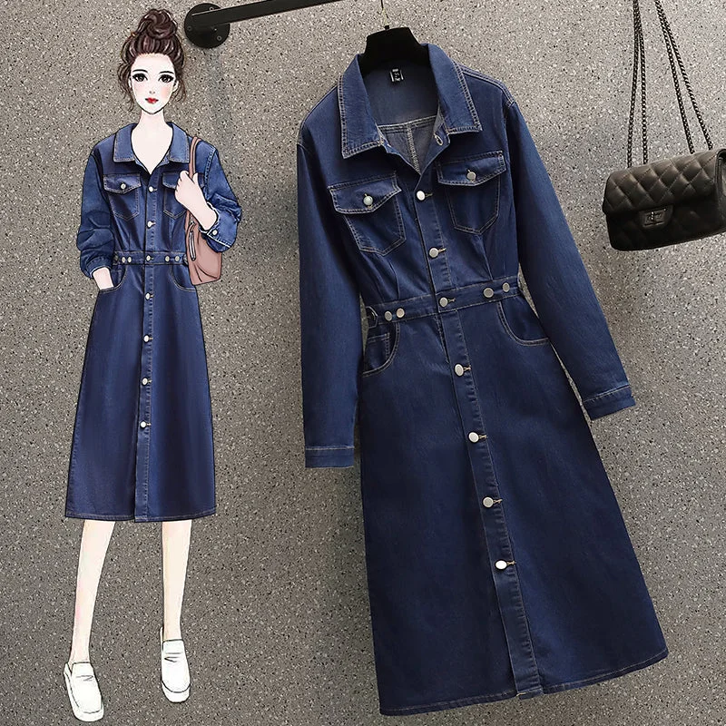 Plus Size Denim Pencil Long Sleeve Dress