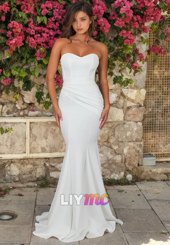 LW067 - Mermaid/Trumpet Sweetheart Strapless Ruched Satin Long Wedding Dress