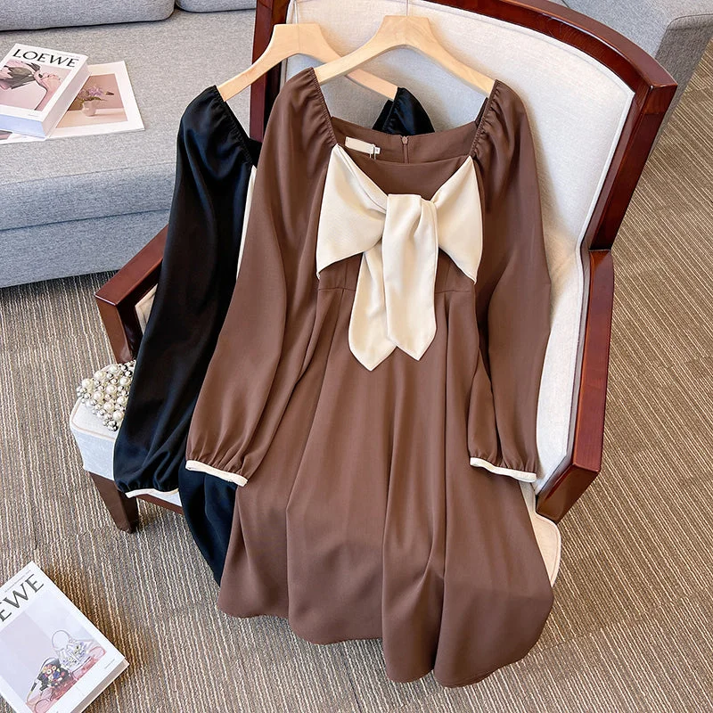 Plus Size Korean Ribbon Square Neck Long Sleeve Dress